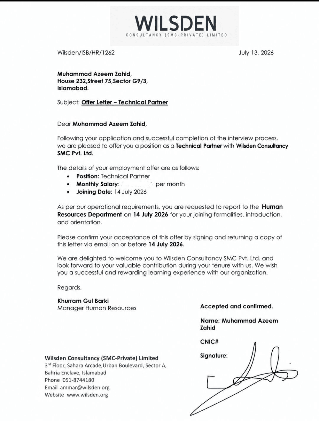 Official Wilsden Engagement Confirmation Document